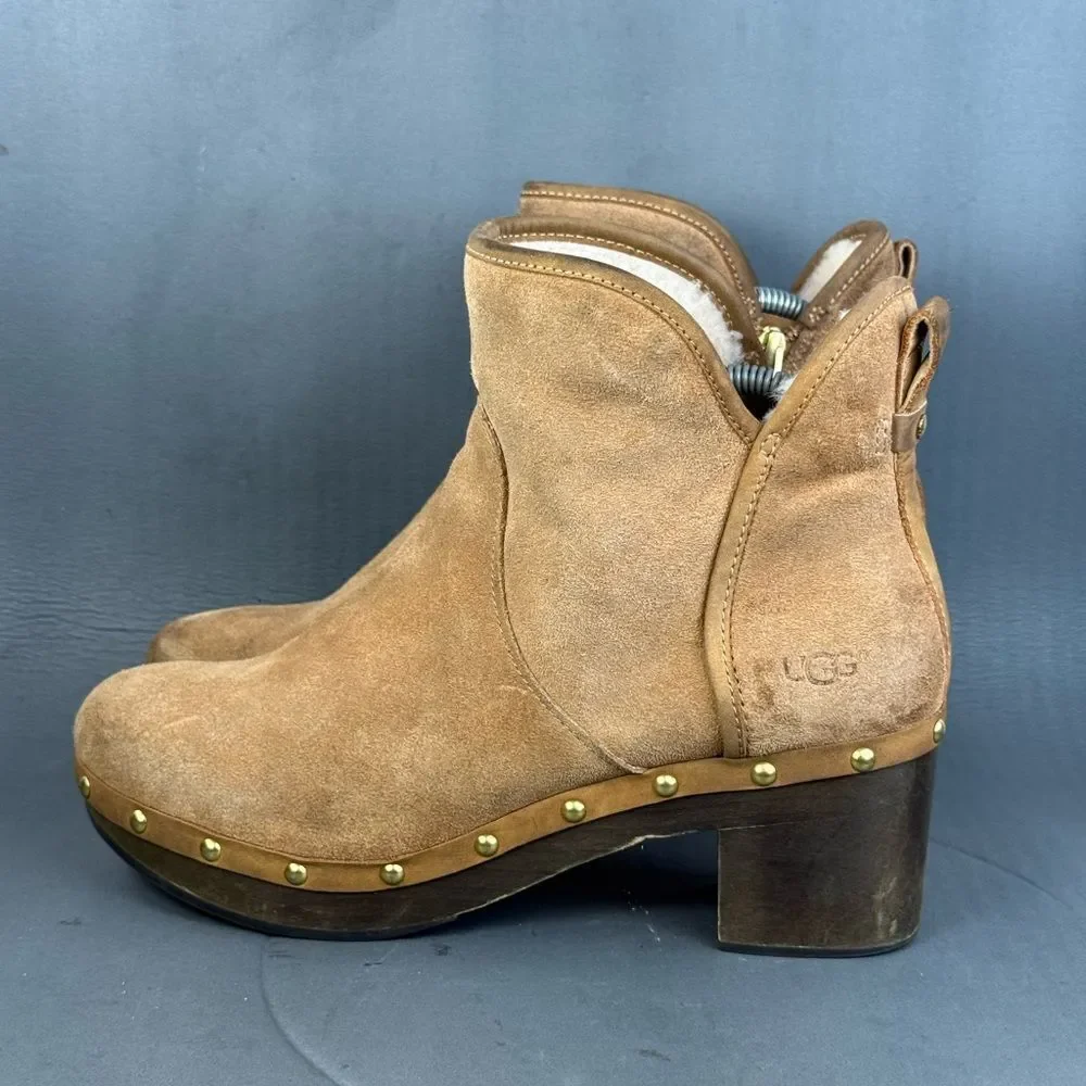 UGG Cam II Suede Sheepskin Clog Heel Ankle Booties Chestnut womens size 10